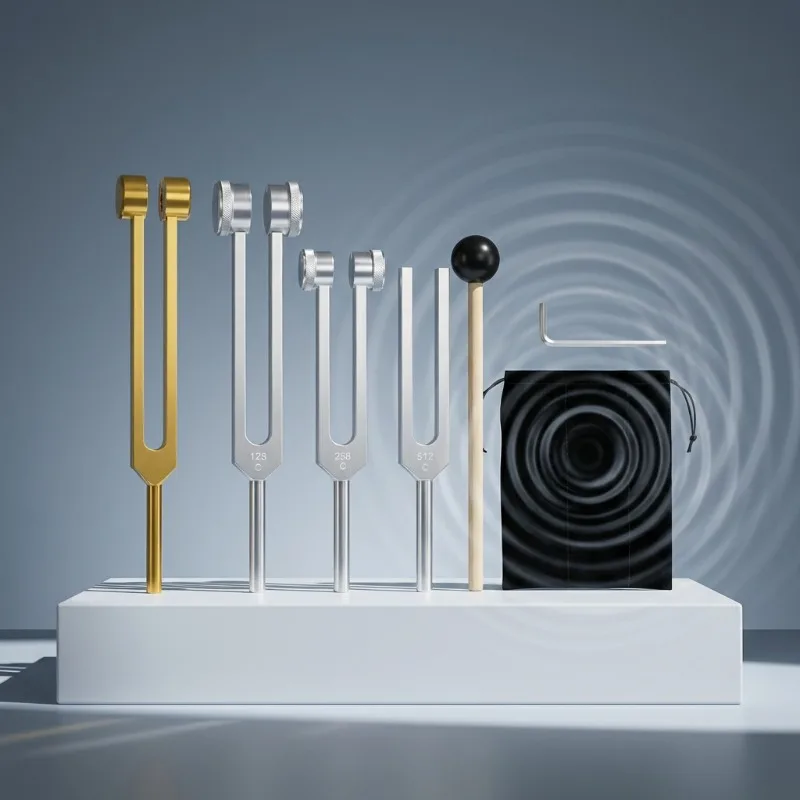 Ensemble diapasons thérapeutiques 128/256/512 Hz lestés, vue de l'ensemble complet sur fond blanc.